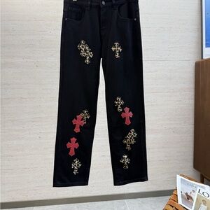 Chrome Hearts Black Jeans with Red and Gold Accents